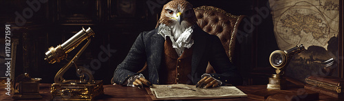 A regal hawk in a vintage 18th-century frock coat, sitting at a large oak desk cluttered with antique maps and brass telescopes, symbolizing precision and insight in business.   photo