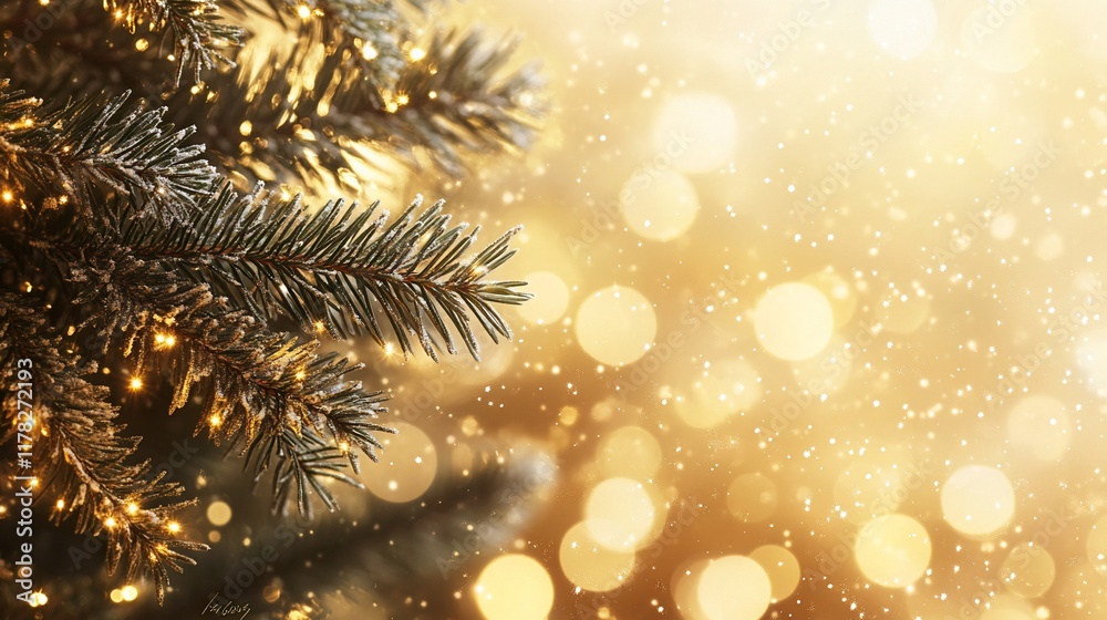 Festive Christmas tree branch with warm lights and bokeh background. Festive Christmas tree branch with warm lights and bokeh background.
