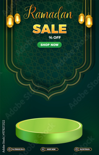 ramadan sale discount template banner with 3d podium for product sale with green background design 02