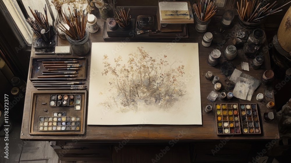 Fototapeta premium Artistic workspace with painting supplies and artwork.