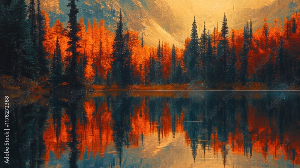 Fototapeta premium Vibrant autumn foliage reflected in a serene mountain lake.