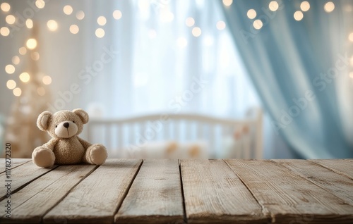 Empty wooden table top with a blurred baby room interior background for product display, montage photography, stock photo. 