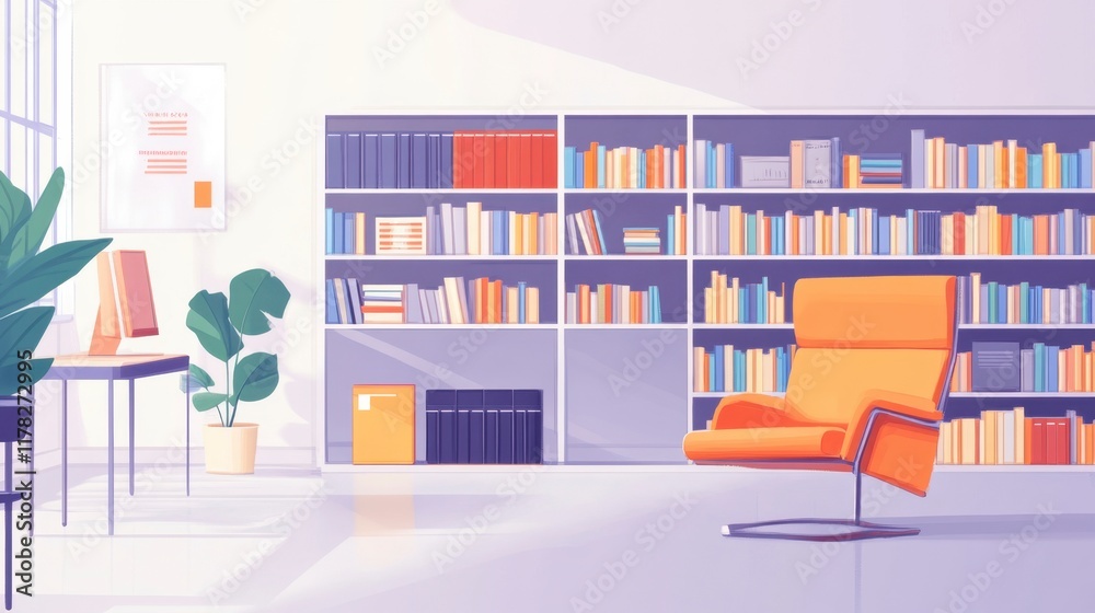 Orange Chair in Modern Minimalist Office with Bookshelves Orange Chair in Modern Minimalist Office with Bookshelves