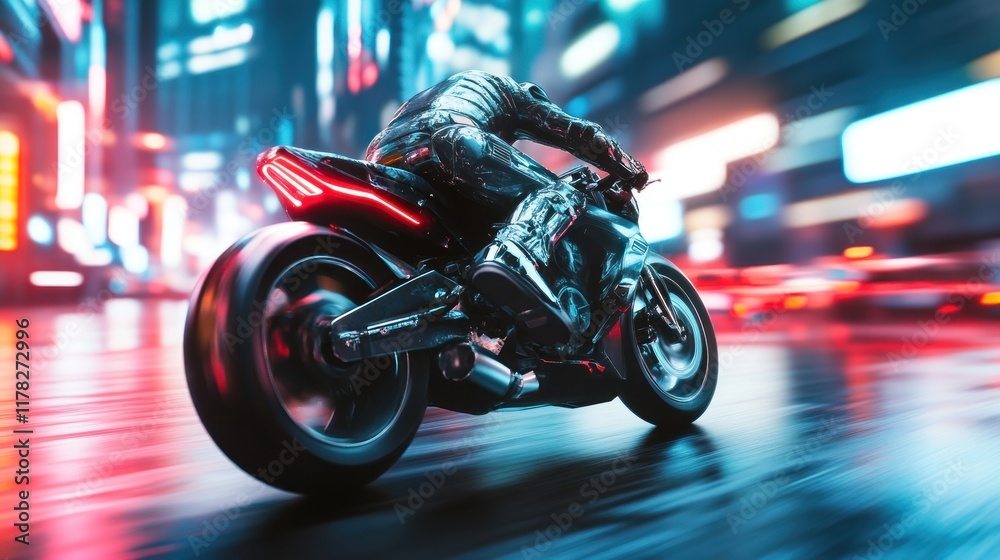 Fototapeta premium Futuristic motorcyclist speeding through vibrant city at night. (1)