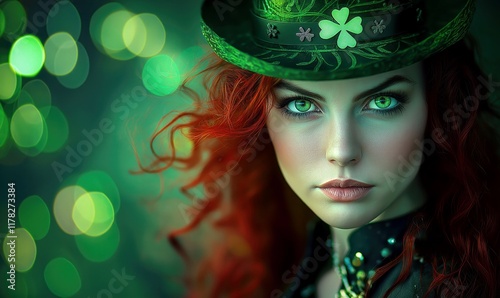 Enchanting St. Patrick's Day Portrait with Green Eyes and Red Hair Woman in Shamrock Hat Perfect for Holiday Cards Posters with Magical Atmosphere and Vibrant Tones photo