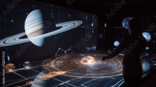 Woman interacts with interactive holographic solar system display.