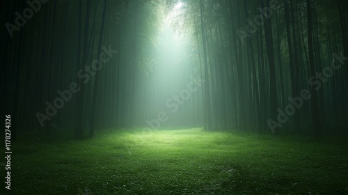 Mystical Bamboo Forest Path in the Fog: A Serene and Ethereal Scene