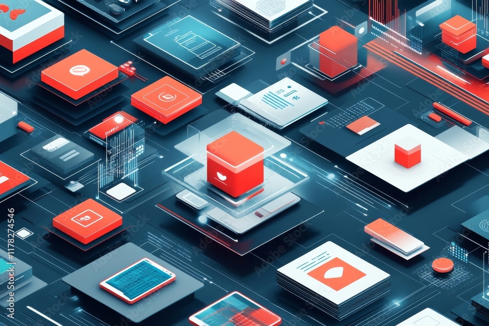 Abstract Digital Interface with Red and White Isometric Blocks and Data Streams Abstract Digital Interface with Red and White Isometric Blocks and Data Streams