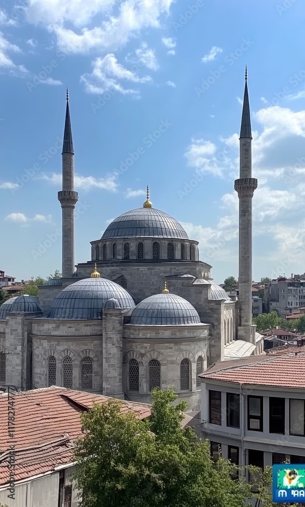 Naklejka premium In the center of Istanbul, with a blue sky and white clouds in the background, there is an ancient mosque building with domes on top. The buildings around it have dark gray roofs. On one side, you can