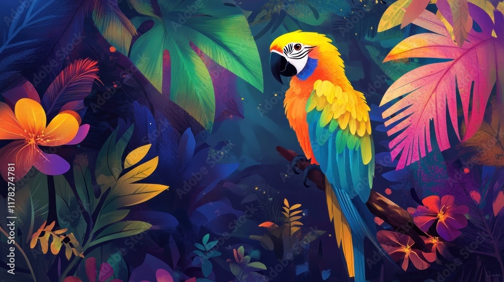 Obraz premium Vibrant macaw perched on branch amidst lush tropical foliage.