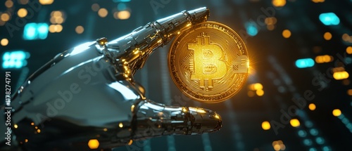 Robot hand holding golden bitcoin coin on background with binary code. Cryptocurrency concept.
