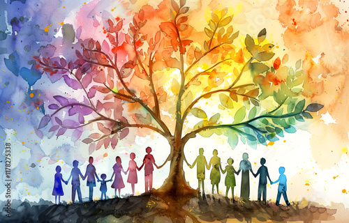 Wallpaper Mural A vibrant family tree showcases colorful leaves, representing different generations holding hands, symbolizing love and unity among families Torontodigital.ca