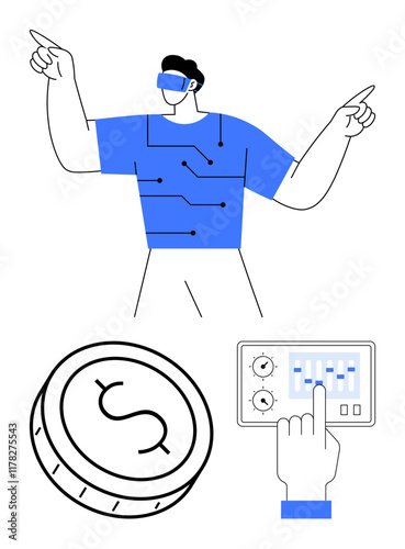 Person using VR headset and pointing, wearing tech shirt with circuits. Coin with dollar sign and hand interacting with control panel. Ideal for finance, tech, VR, cryptocurrency, AI, digital