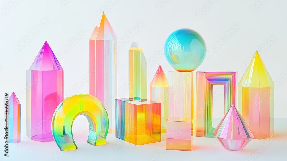 Colorful geometric glass shapes on white background. Colorful geometric glass shapes on white background.