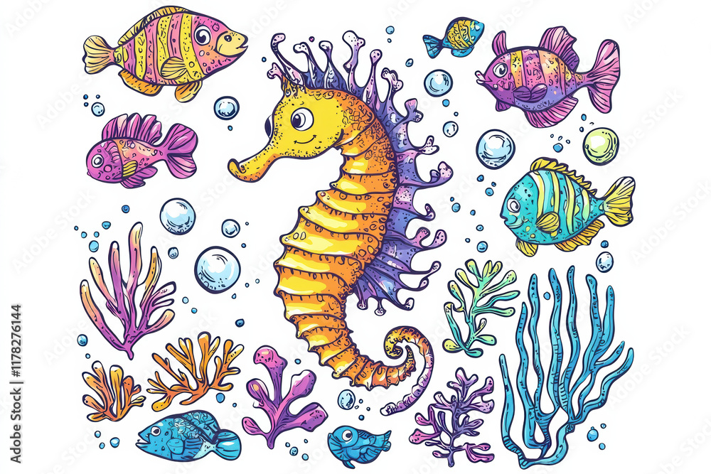 Fototapeta premium Colorful seahorse surrounded by various fish and coral in underwater scene