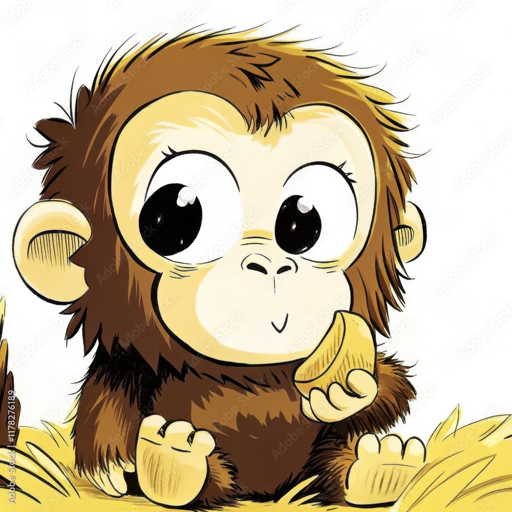 Obraz premium Cute cartoon monkey eating fruit with big eyes and fluffy fur