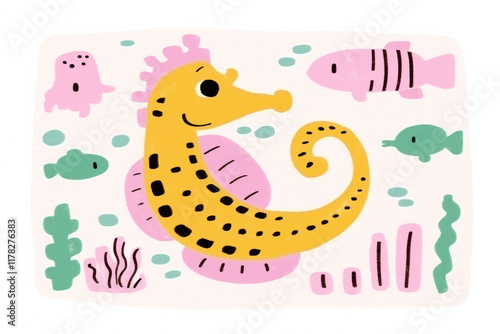 colorful seahorse illustration surrounded by playful fish and plants photo