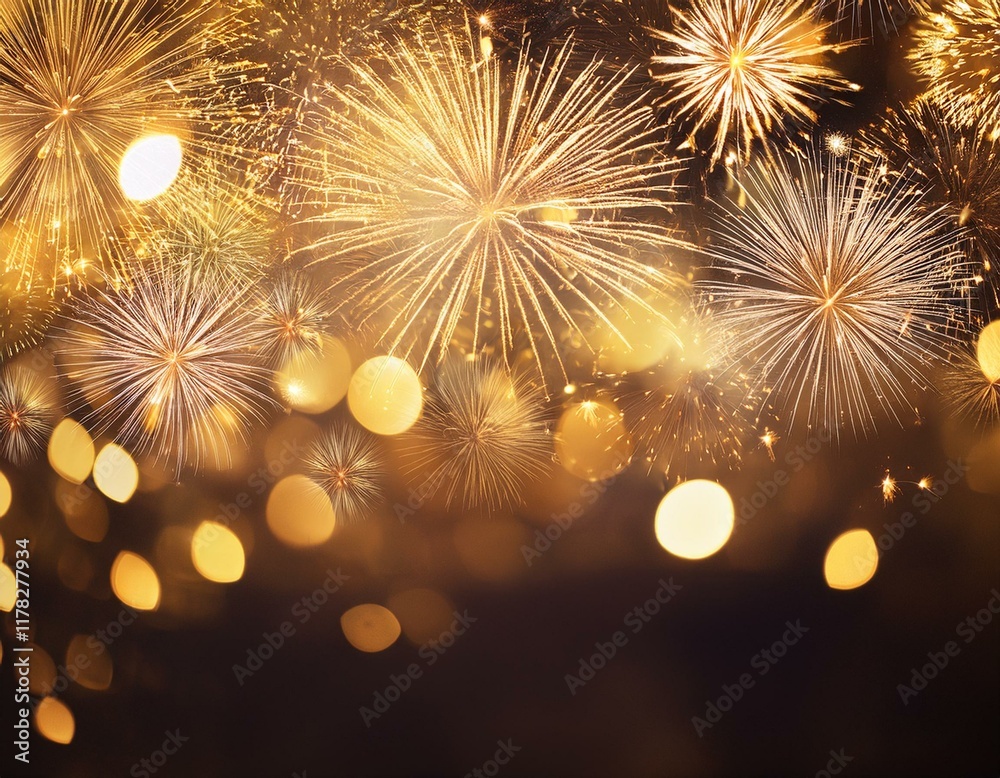 Fototapeta premium golden fireworks banner with glowing bokeh lights on dark background