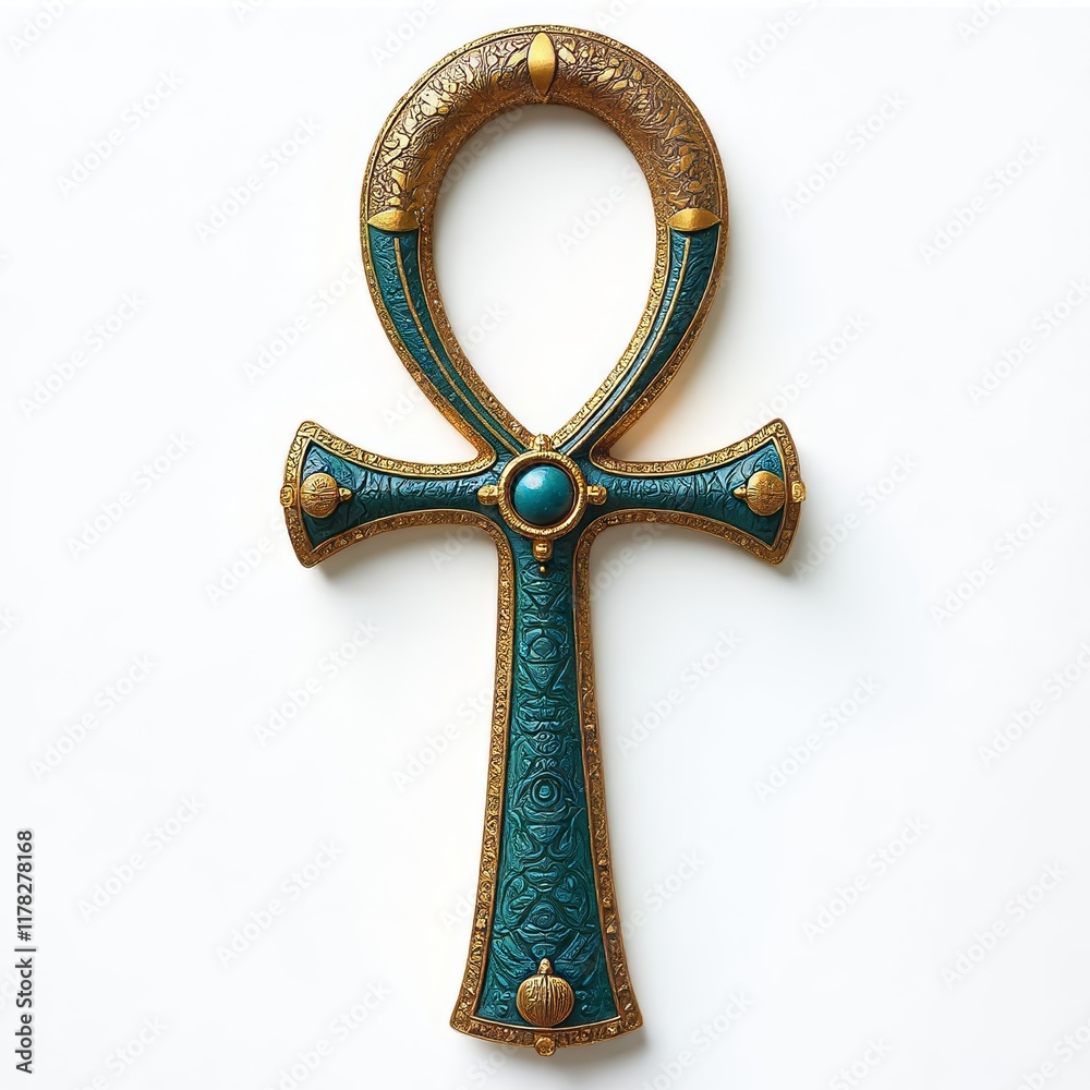 Ankh cross with gold and blue detail on white background