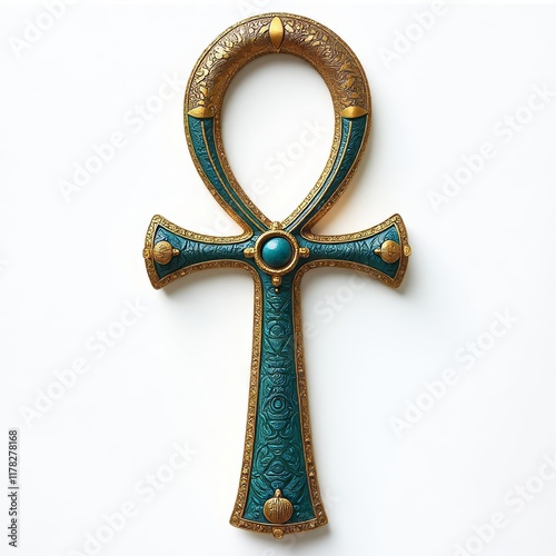 Ankh cross with gold and blue detail on white background photo