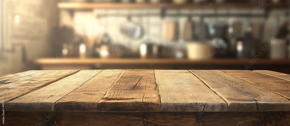 Rustic wooden table in front of blurred kitchen background. Rustic wooden table in front of blurred kitchen background.