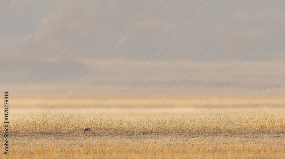 Golden savanna grassland landscape with a small dark animal in the foreground, hazy distant hills under a muted sky. Golden savanna grassland landscape with a small dark animal in the foreground, hazy distant hills under a muted sky.