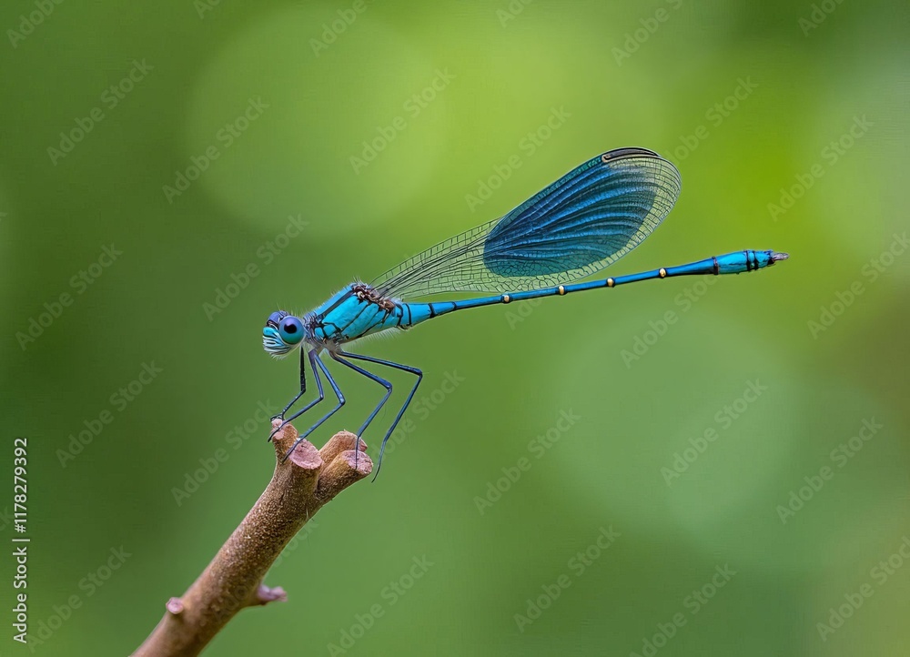 Blue damselfly on a twig with blurred green background Blue damselfly on a twig with blurred green background