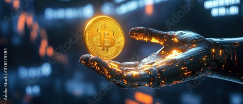 Robot hand holding golden bitcoin coin on background with binary code. Cryptocurrency concept.