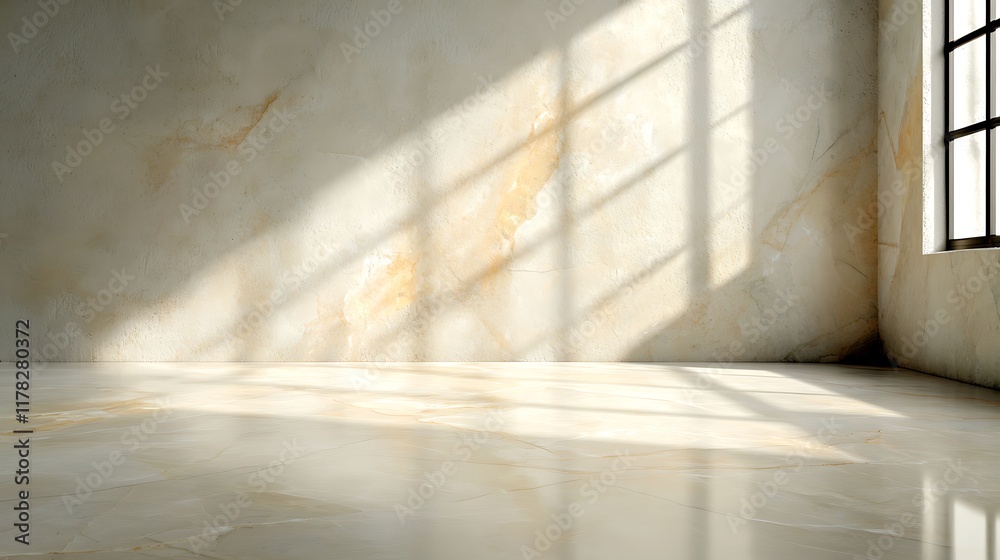 Sunlit empty room with marble walls and floor. Sunlit empty room with marble walls and floor.