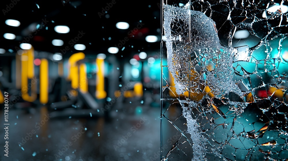 Obraz premium Shattered glass pane in a gym, showing blurry fitness equipment in background.