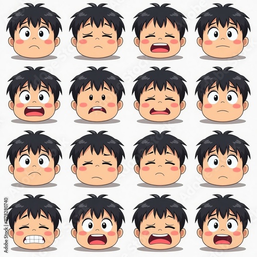 Cartoon face with various expressions grid.
