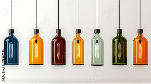 Seven colorful glass bottle pendant lights hanging against a white wall. photo