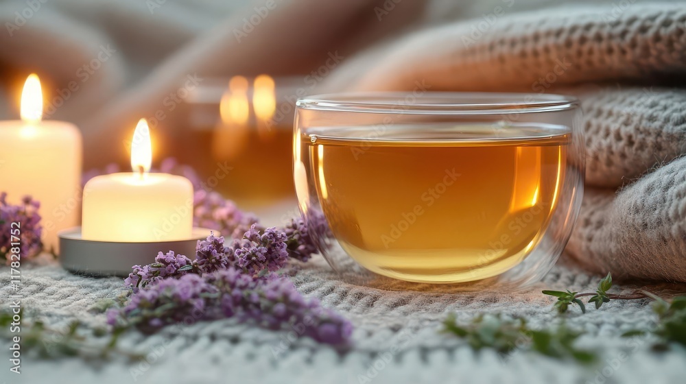 Herbal tea in a cozy setting, surrounded by candles and soft blankets, evoking calm and mindfulness Wellness, Tea, cozy, mindfulness Herbal tea in a cozy setting, surrounded by candles and soft blankets, evoking calm and mindfulness Wellness, Tea, cozy, mindfulness