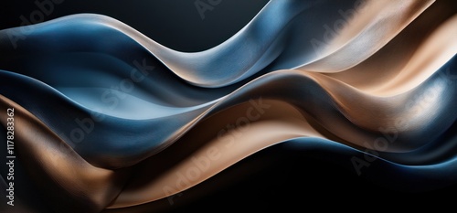 Abstract blue and gold fabric waves flowing in dark background.