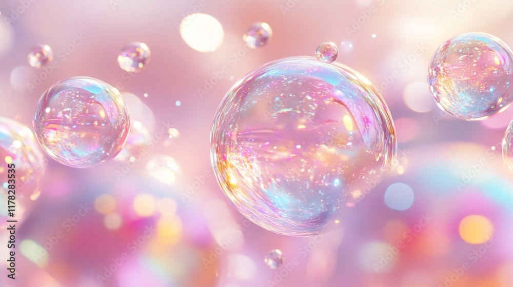 Iridescent Bubbles Float in a Pink Dreamlike Space Iridescent Bubbles Float in a Pink Dreamlike Space