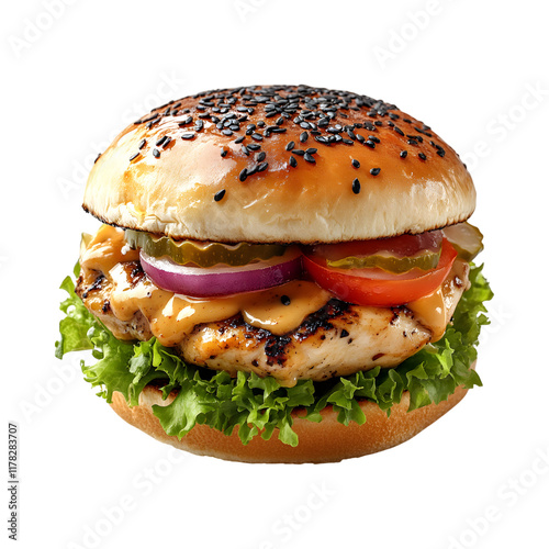 Honey Mustard Chicken Burger with Lettuce Isolated on Transparent Background