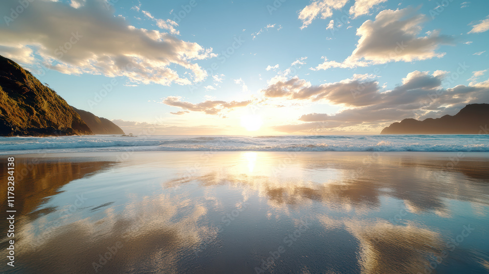 Fototapeta premium Breathtaking beach view with sunset reflections on calm water