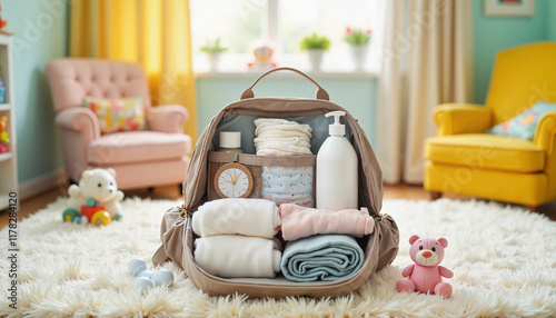 Organized diaper bag essentials in bright baby room, parenting preparation