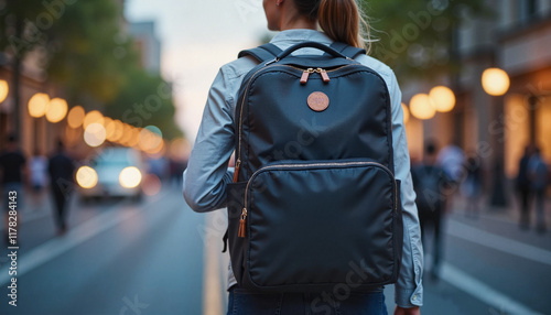 Young parent walking with stylish diaper backpack in urban evening, convenience
