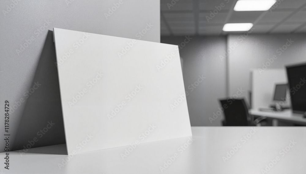 Fototapeta premium Blank folded card on modern office desk against wall, minimalism concept