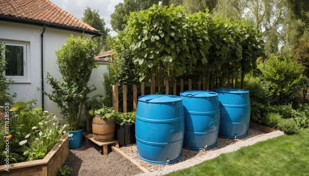 Obraz premium Water Barrels in a Quaint Garden Shed