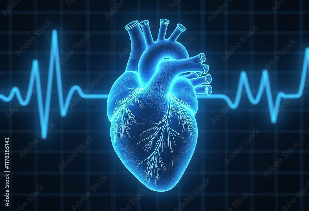 Glowing blue heart with heartbeat signal on graph grid
