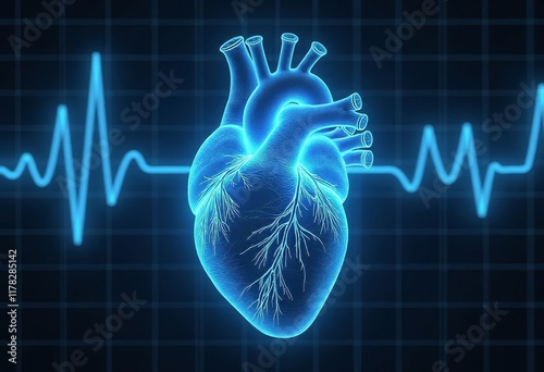 Glowing blue heart with heartbeat signal on graph grid