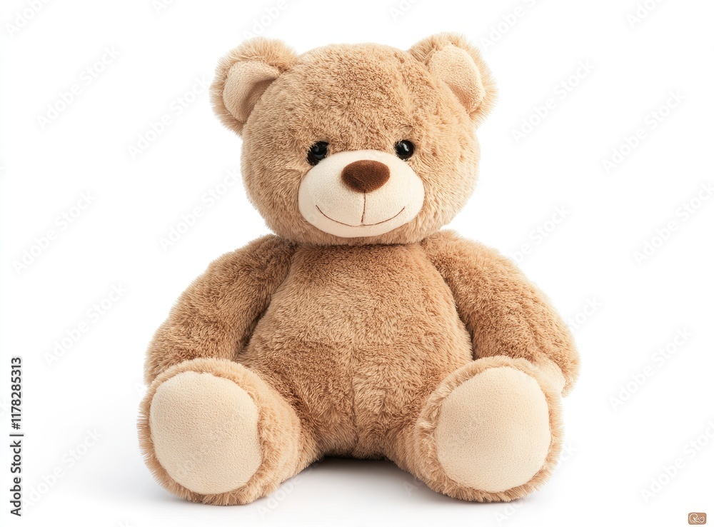 Fototapeta premium Photo of a cute teddy bear sitting on a white background, facing the camera. 