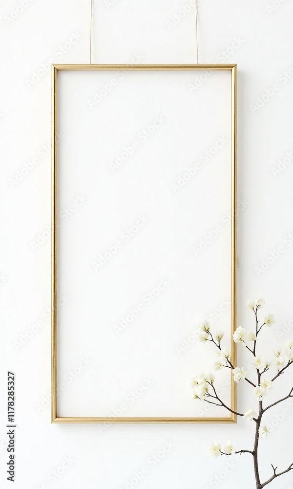 Gold frame hanging near white flowers on branch Gold frame hanging near white flowers on branch