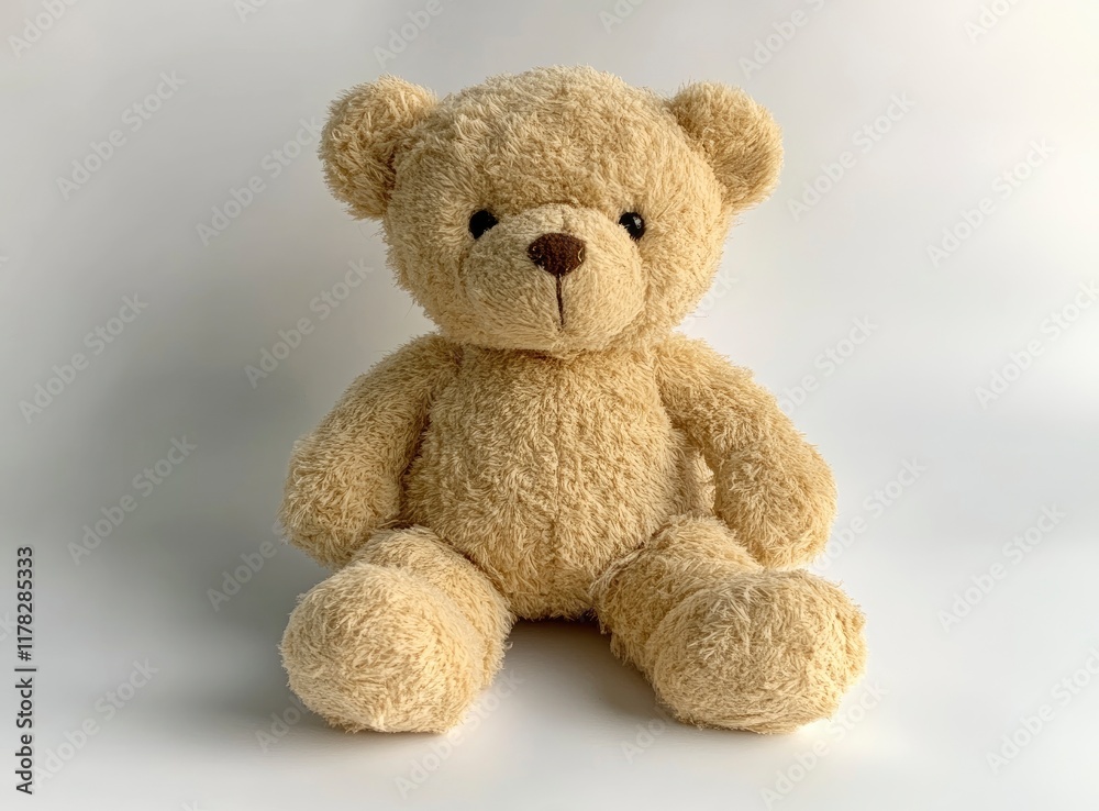 Fototapeta premium Photo of a cute teddy bear sitting on a white background, facing the camera. 