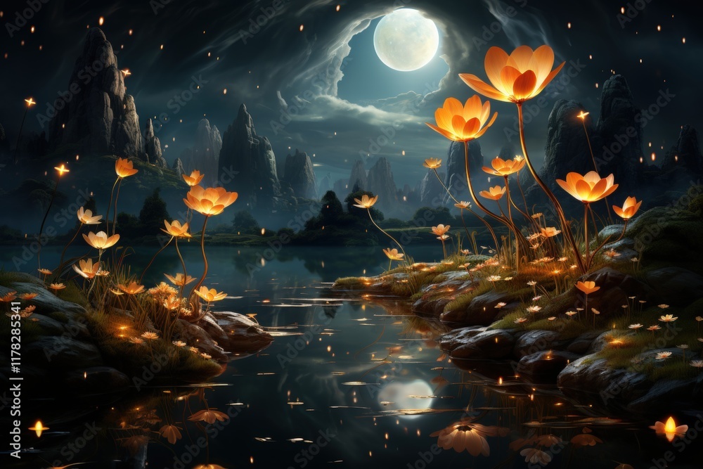 Obraz premium Magical flowers by moonlit lake at night.