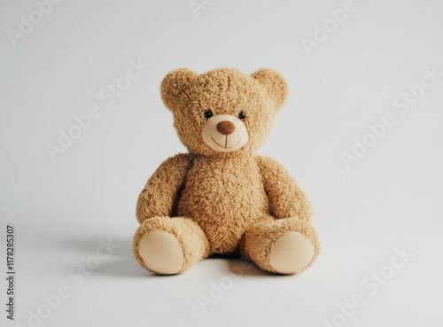 Photo of a cute teddy bear sitting on a white background, facing the camera. 