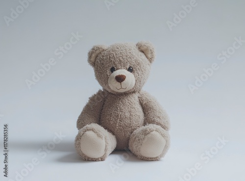 Photo of a cute teddy bear sitting on a white background, facing the camera. 
