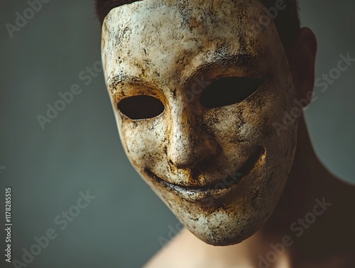 Disturbing Weathered Mask: A Person's Mysterious, Dark Portrait photo